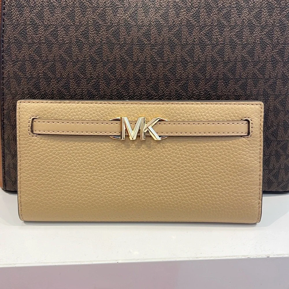 Michael Kors Reed Large Bifold Pebbled Leather Snap Wallet Card Case Camel NWT